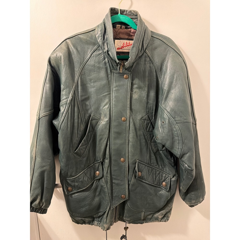 Vintage Sport Mobility Teal Green Leather Bomber Quilted Lined Oversized M